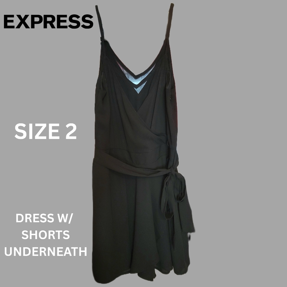 Express Dressy Black Spaghetti Strap Waist Tie Chiffon Romper Mesh Insets Size 2